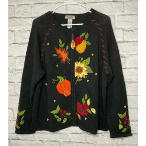 Vintage Tiara International Fall pumpkin leaves floral knit zip sweater L.
